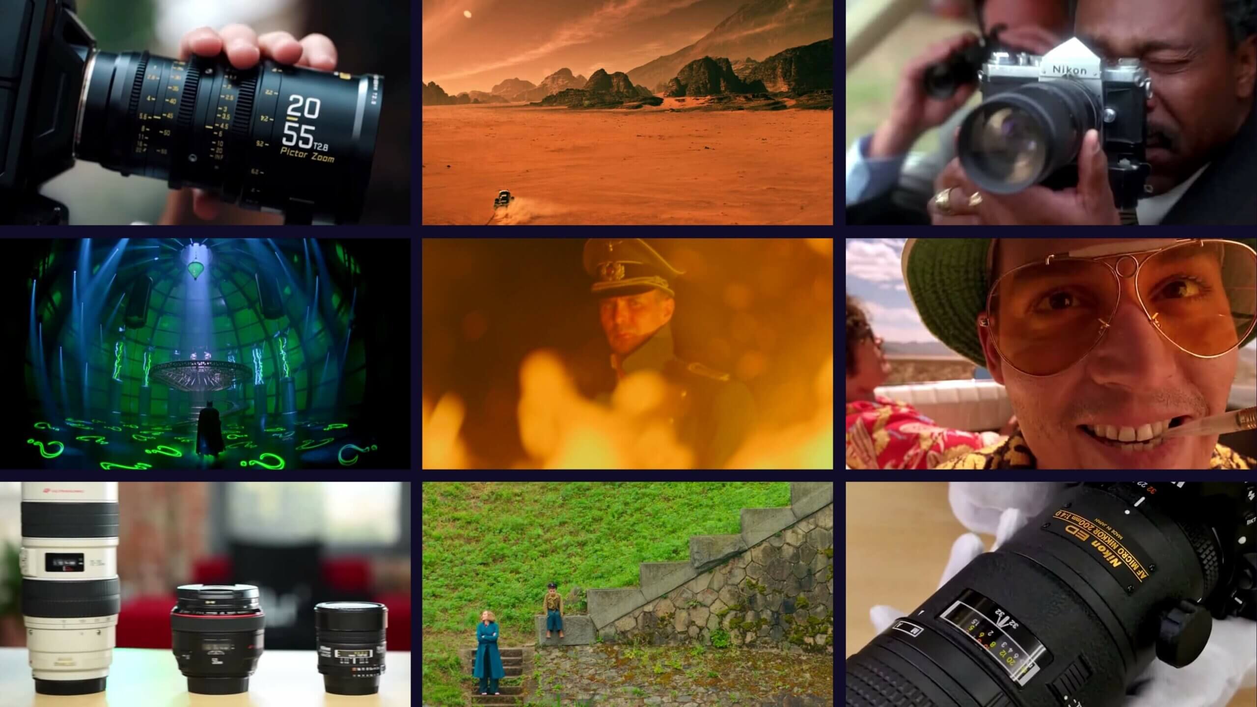 Various types of camera lenses for film photography